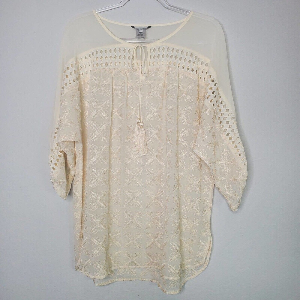 John Mark Womens Embroidered Keyhole Tie Up Neck Fold Up Cuff Sleeve Tunic Top M - Picture 11 of 11